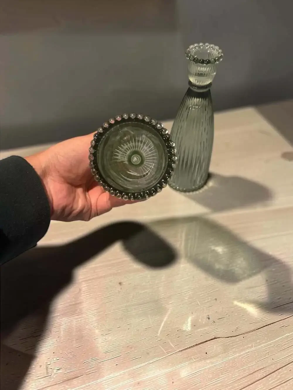 Vintage Style Ribbed Glass Taper Candle Holder Green